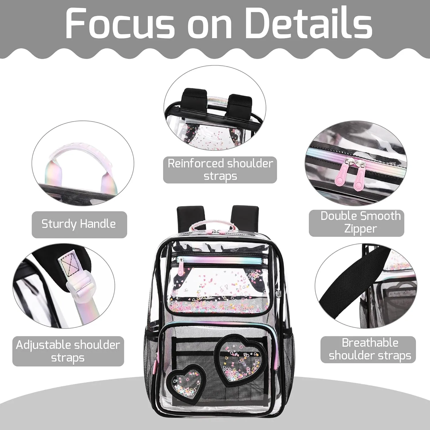 Clear Backpack for Girls,Transparent Backpacks Crossbody Bag for Kids Elementary School Student,Heavy Duty See Through Daypack 2PCS Bookbag Stadium Approved for Teen,College,Work,Travel,Concert Black