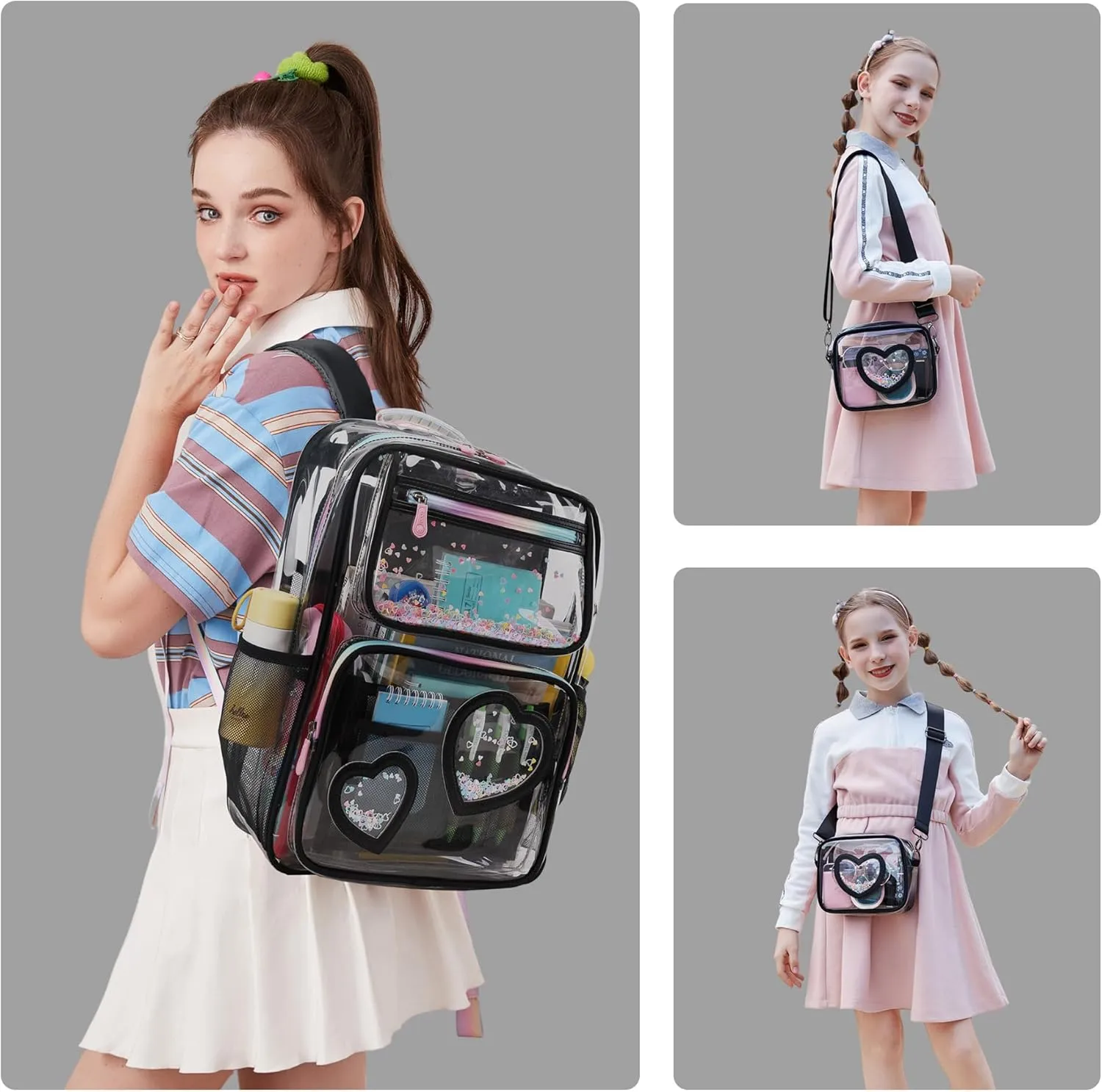 Clear Backpack for Girls,Transparent Backpacks Crossbody Bag for Kids Elementary School Student,Heavy Duty See Through Daypack 2PCS Bookbag Stadium Approved for Teen,College,Work,Travel,Concert Black