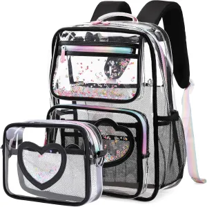 Clear Backpack for Girls,Transparent Backpacks Crossbody Bag for Kids Elementary School Student,Heavy Duty See Through Daypack 2PCS Bookbag Stadium Approved for Teen,College,Work,Travel,Concert Black