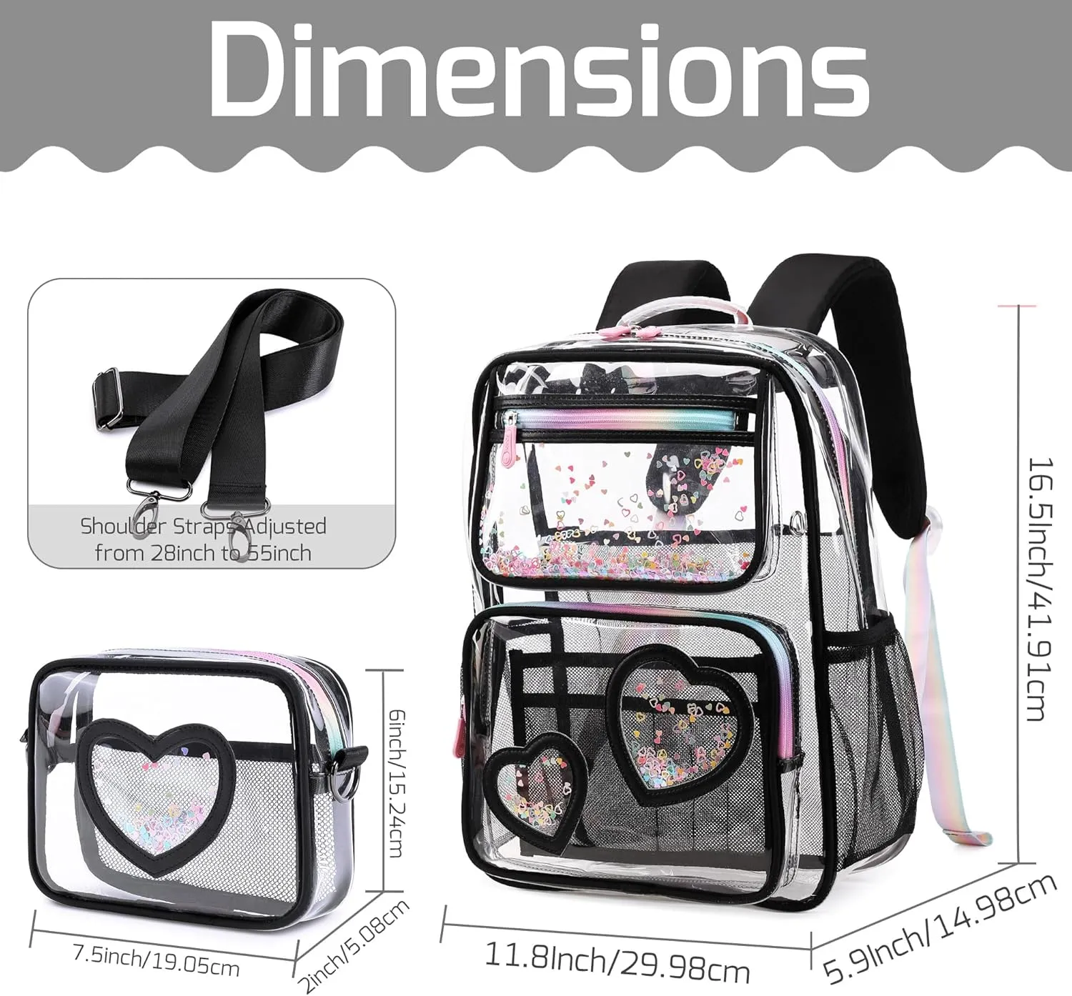 Clear Backpack for Girls,Transparent Backpacks Crossbody Bag for Kids Elementary School Student,Heavy Duty See Through Daypack 2PCS Bookbag Stadium Approved for Teen,College,Work,Travel,Concert Black