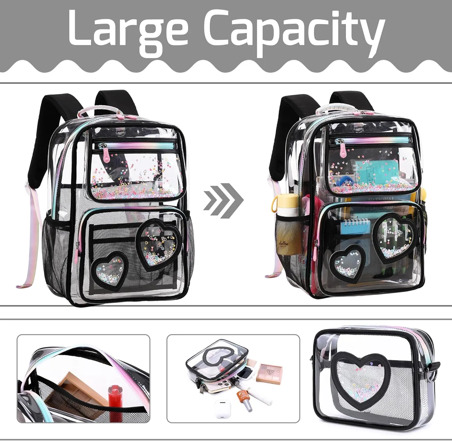Clear Backpack for Girls,Transparent Backpacks Crossbody Bag for Kids Elementary School Student,Heavy Duty See Through Daypack 2PCS Bookbag Stadium Approved for Teen,College,Work,Travel,Concert Black