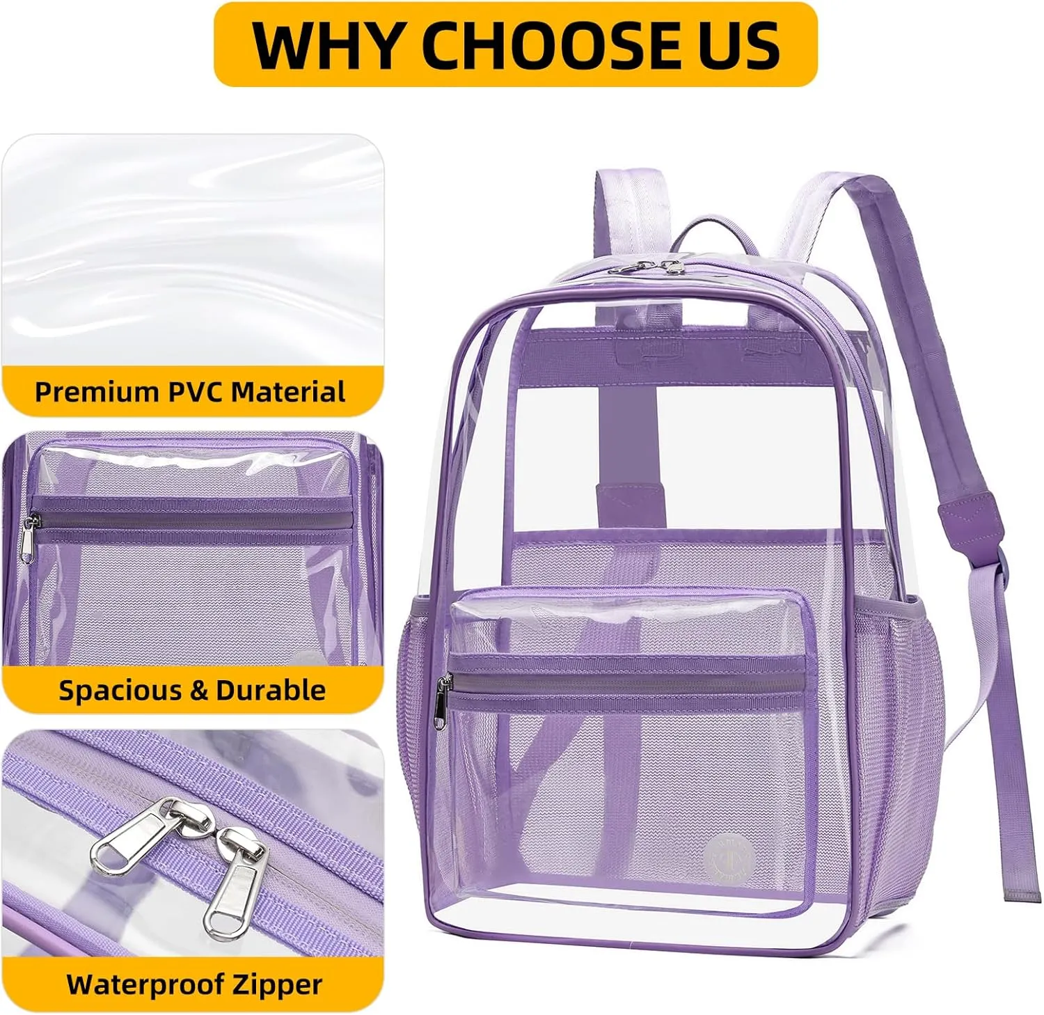Clear Backpack Heavy Duty Clear Bookbag LargeTransparent Backpacks for College, Work, Stadium Events (Purple)
