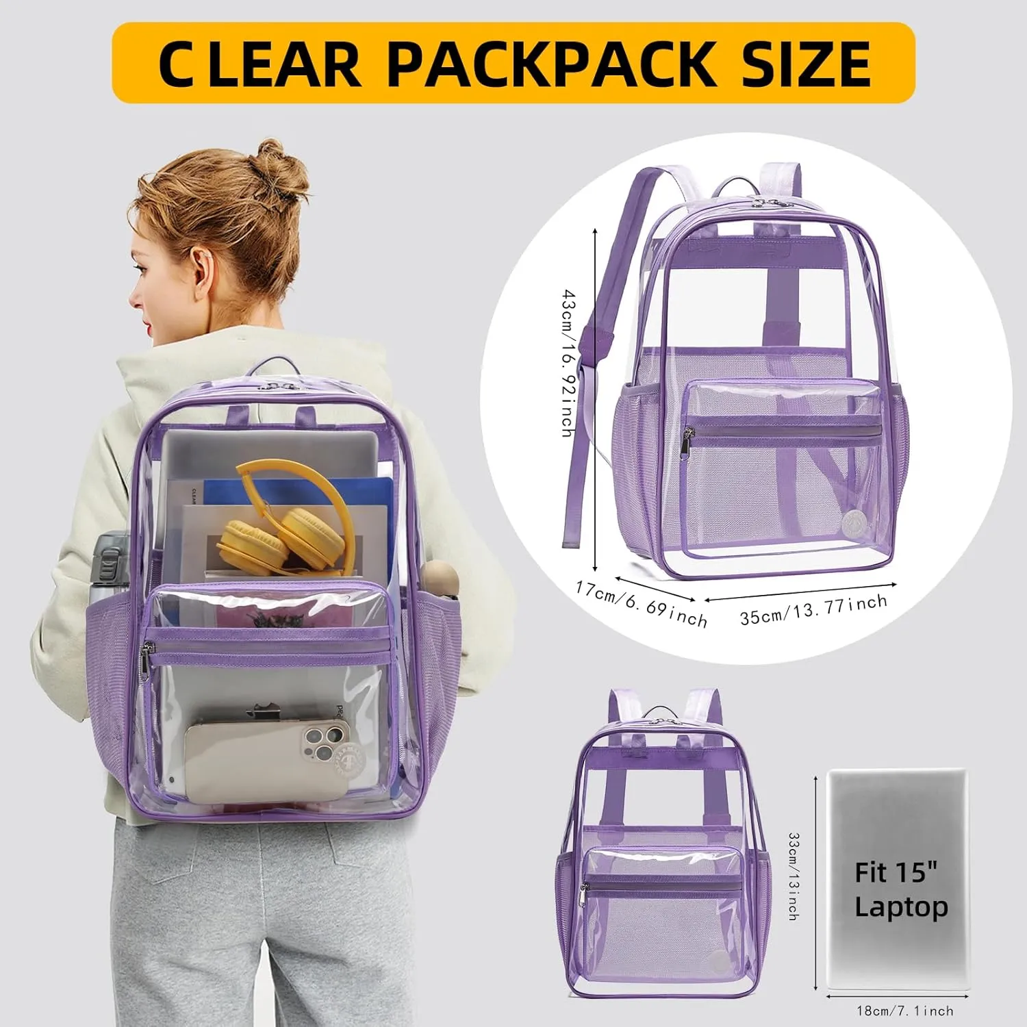 Clear Backpack Heavy Duty Clear Bookbag LargeTransparent Backpacks for College, Work, Stadium Events (Purple)
