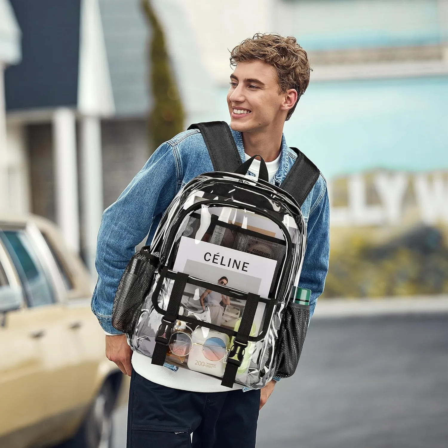 Clear Backpack, Large Clear Bag Stadium Heavy Duty PVC Transparent See Through Backpacks for Boys Girls, College, Work, Navy Blue