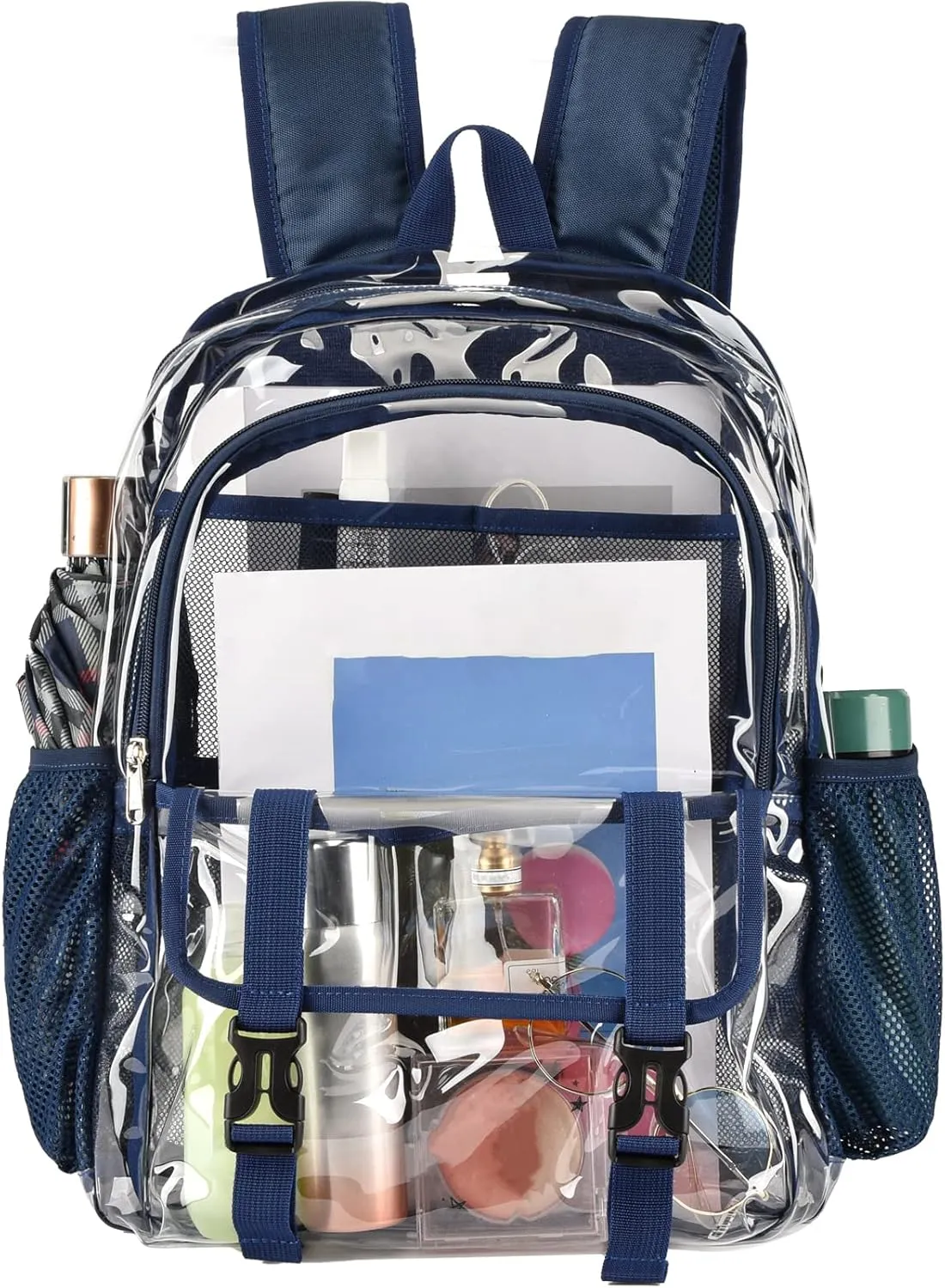 Clear Backpack, Large Clear Bag Stadium Heavy Duty PVC Transparent See Through Backpacks for Boys Girls, College, Work, Navy Blue
