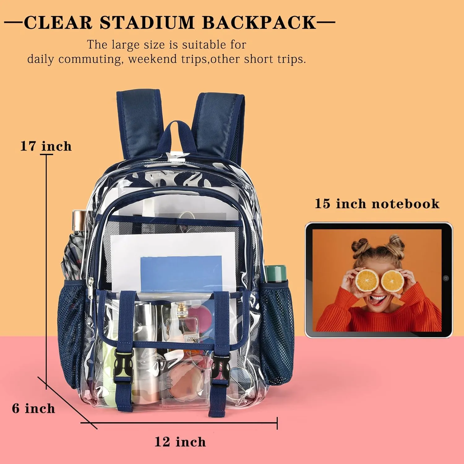 Clear Backpack, Large Clear Bag Stadium Heavy Duty PVC Transparent See Through Backpacks for Boys Girls, College, Work, Navy Blue