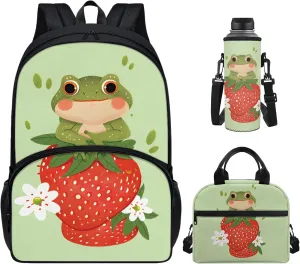 CLOHOMIN Frog Backpack with Lunch Bag Strawberry Book Bag for Kids Middle School Bookbag for Girls 5th Grade Cute School Bag Set Age 6-8 Insulated Lunch Box Water Bottle Crossbody Bag, 3 PCS