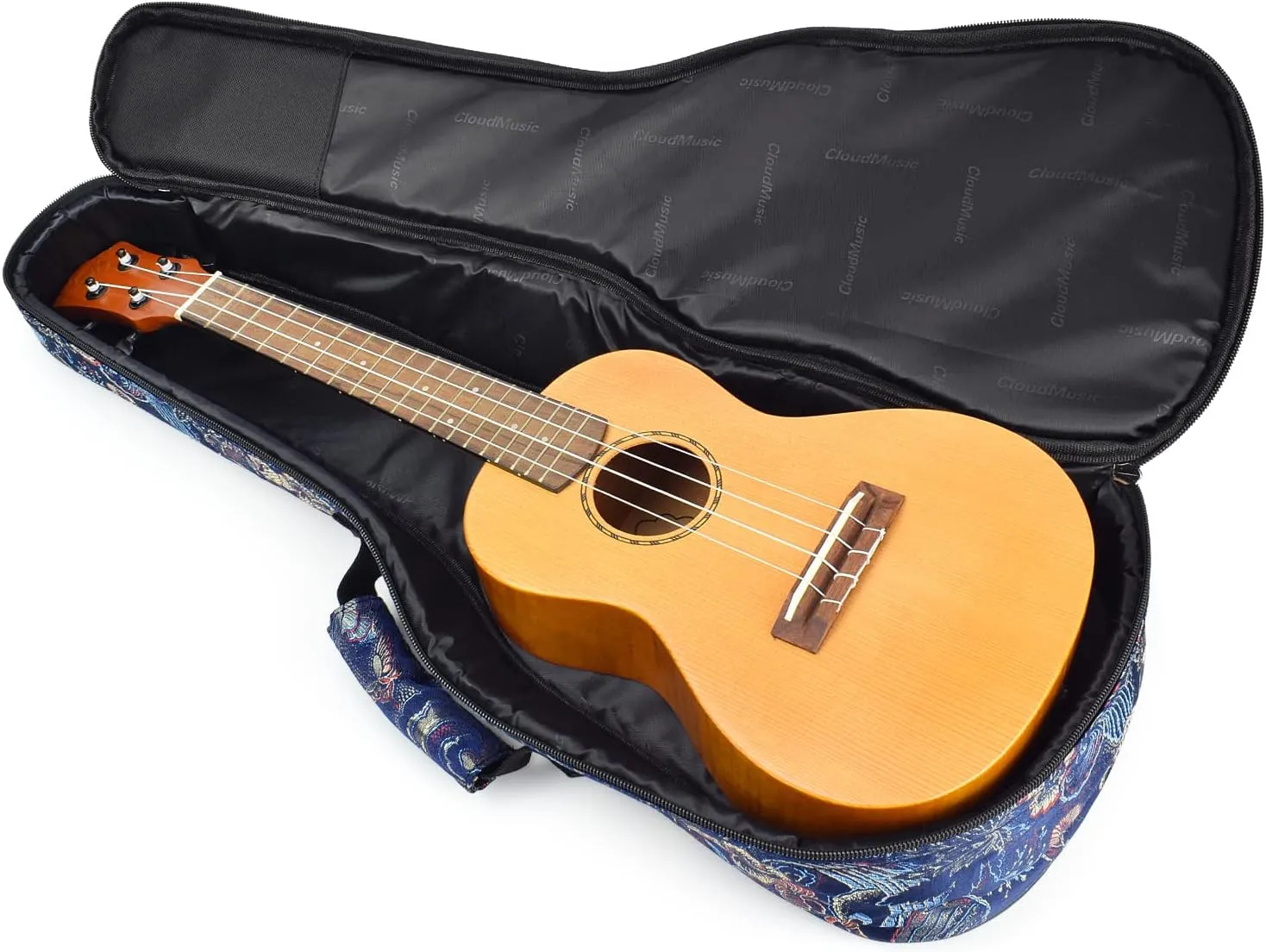 CLOUDMUSIC Ukulele Case Gig Bag Padded Backpack For Soprano 21" Inch(Soprano,Embroider Peacock Flowers Blue)