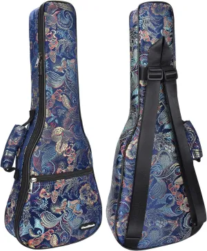 CLOUDMUSIC Ukulele Case Gig Bag Padded Backpack For Soprano 21" Inch(Soprano,Embroider Peacock Flowers Blue)