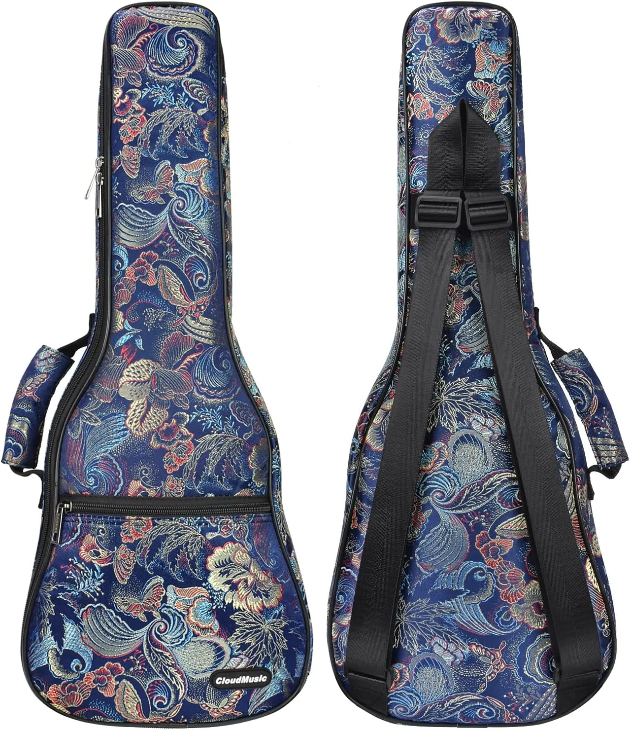 CLOUDMUSIC Ukulele Case Gig Bag Padded Backpack For Soprano 21" Inch(Soprano,Embroider Peacock Flowers Blue)