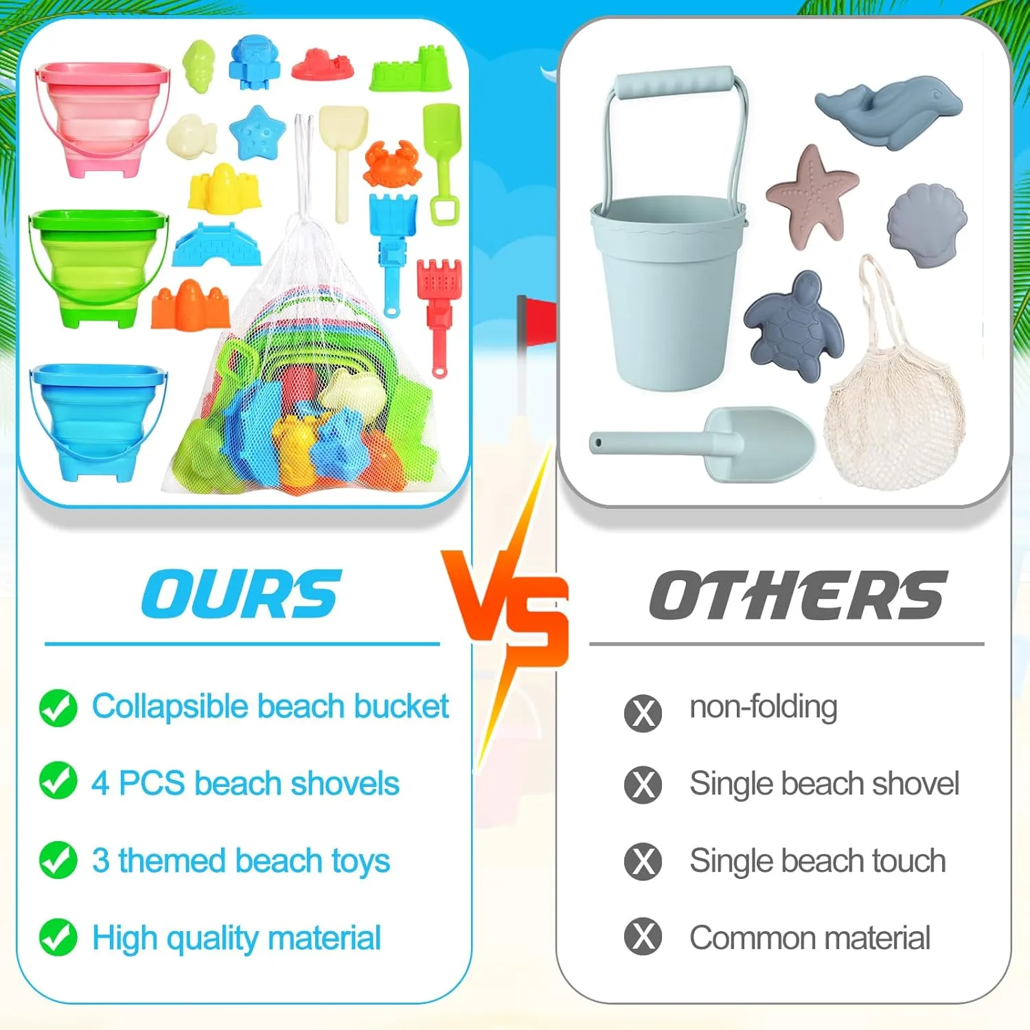 Collapsible Beach Sand Toys for Kids Toddlers,Travel Beach Toys with 3 Collapsible Sand Buckets,Shovels,Mesh Bags,Sand Molds,Castle Toys for Beach, Age 18  Month