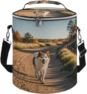 Collapsible Insulated Cooler Bag Dog Walking on Dirt Road Print Leakproof Soft Cooler Bag Round Casserole Carrier for Hot & Cold Food