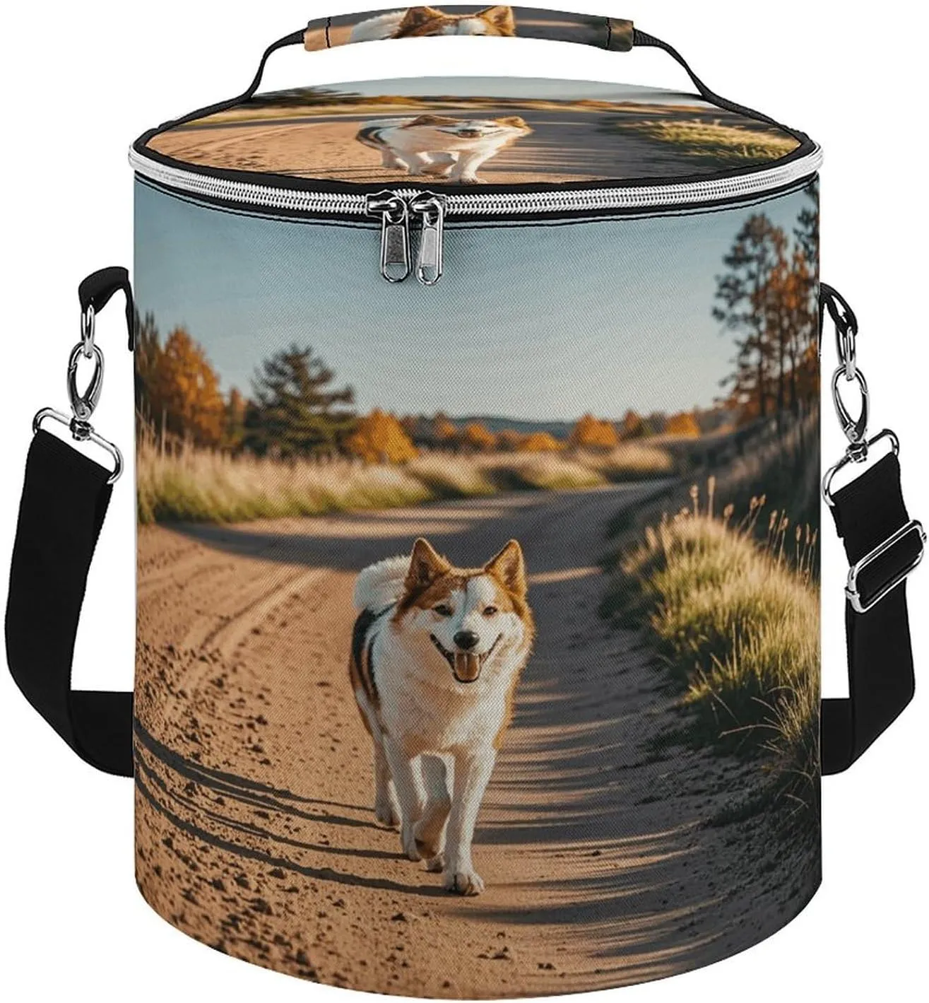 Collapsible Insulated Cooler Bag Dog Walking on Dirt Road Print Leakproof Soft Cooler Bag Round Casserole Carrier for Hot & Cold Food