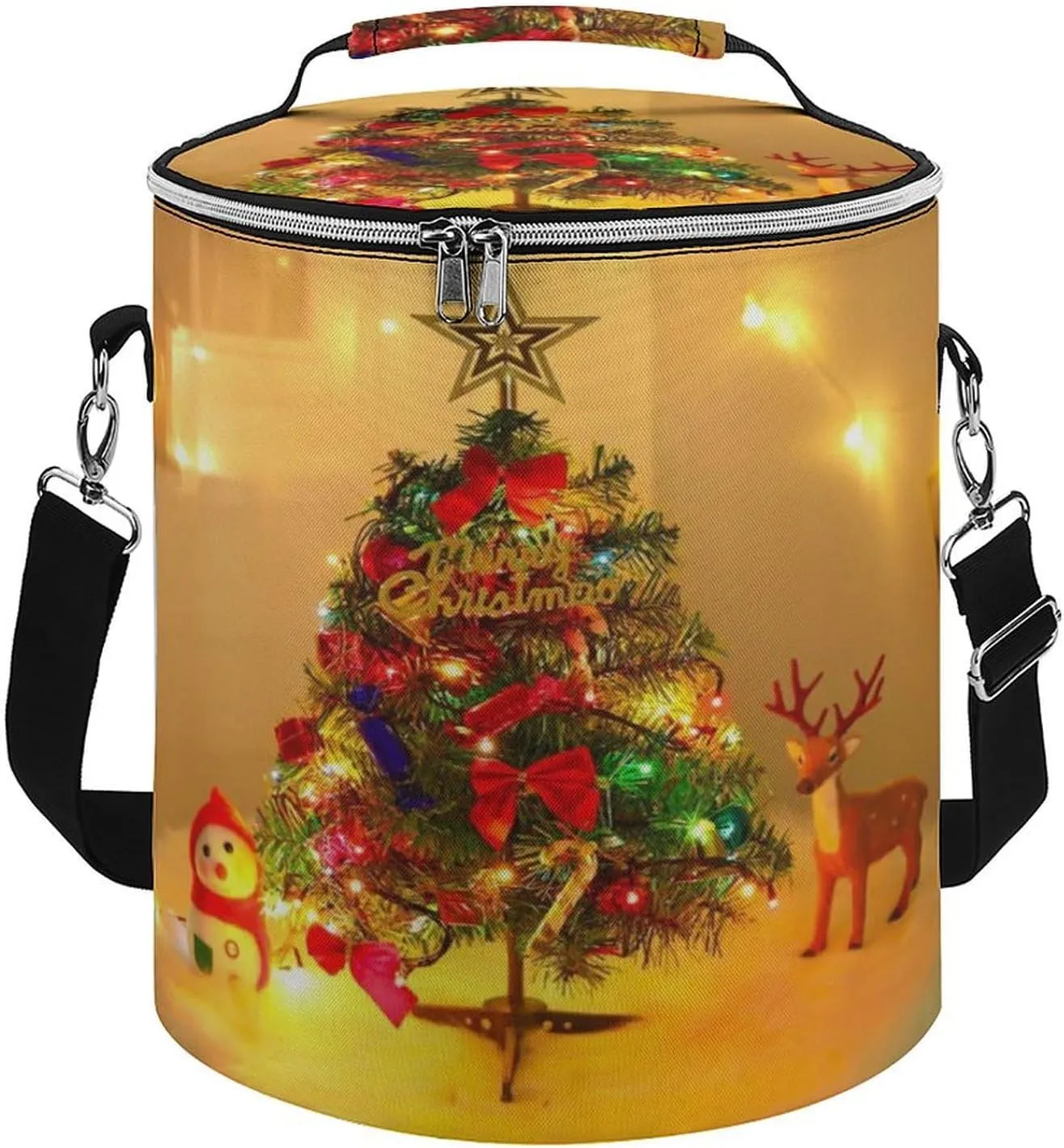 Collapsible Insulated Cooler Bag Luminous Christmas Tree Snowman Deer Print Leakproof Soft Cooler Bag Round Casserole Carrier for Hot & Cold Food