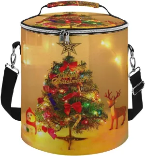 Collapsible Insulated Cooler Bag Luminous Christmas Tree Snowman Deer Print Leakproof Soft Cooler Bag Round Casserole Carrier for Hot & Cold Food