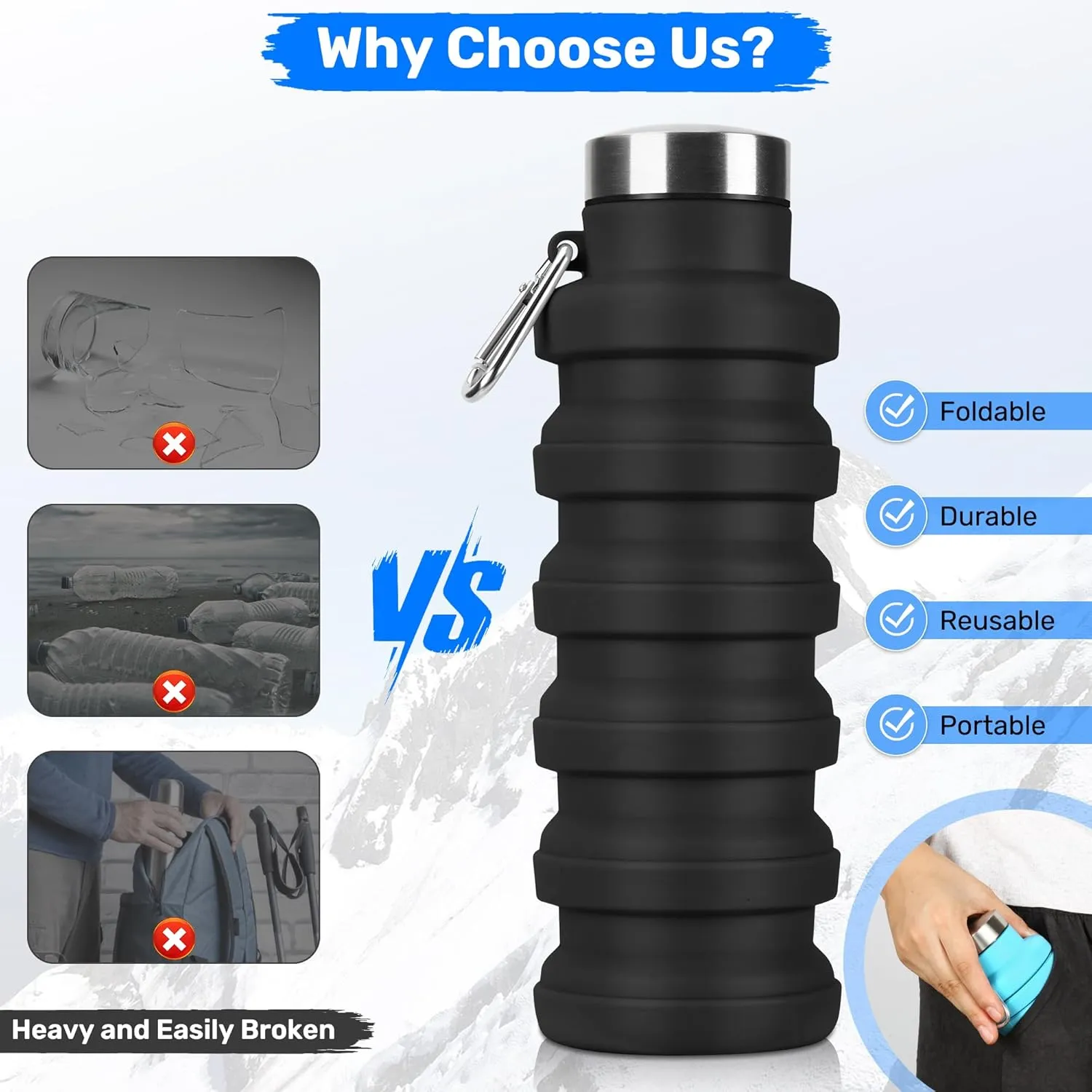 Collapsible Water Bottle, 16oz Portable Reusable Silicone Water Bottle, BPA-Free Leak-Proof Foldable Design with Carabiner, Lightweight Durable for Gym, Camping, Hiking, Sportsr-Tie-dye Purple