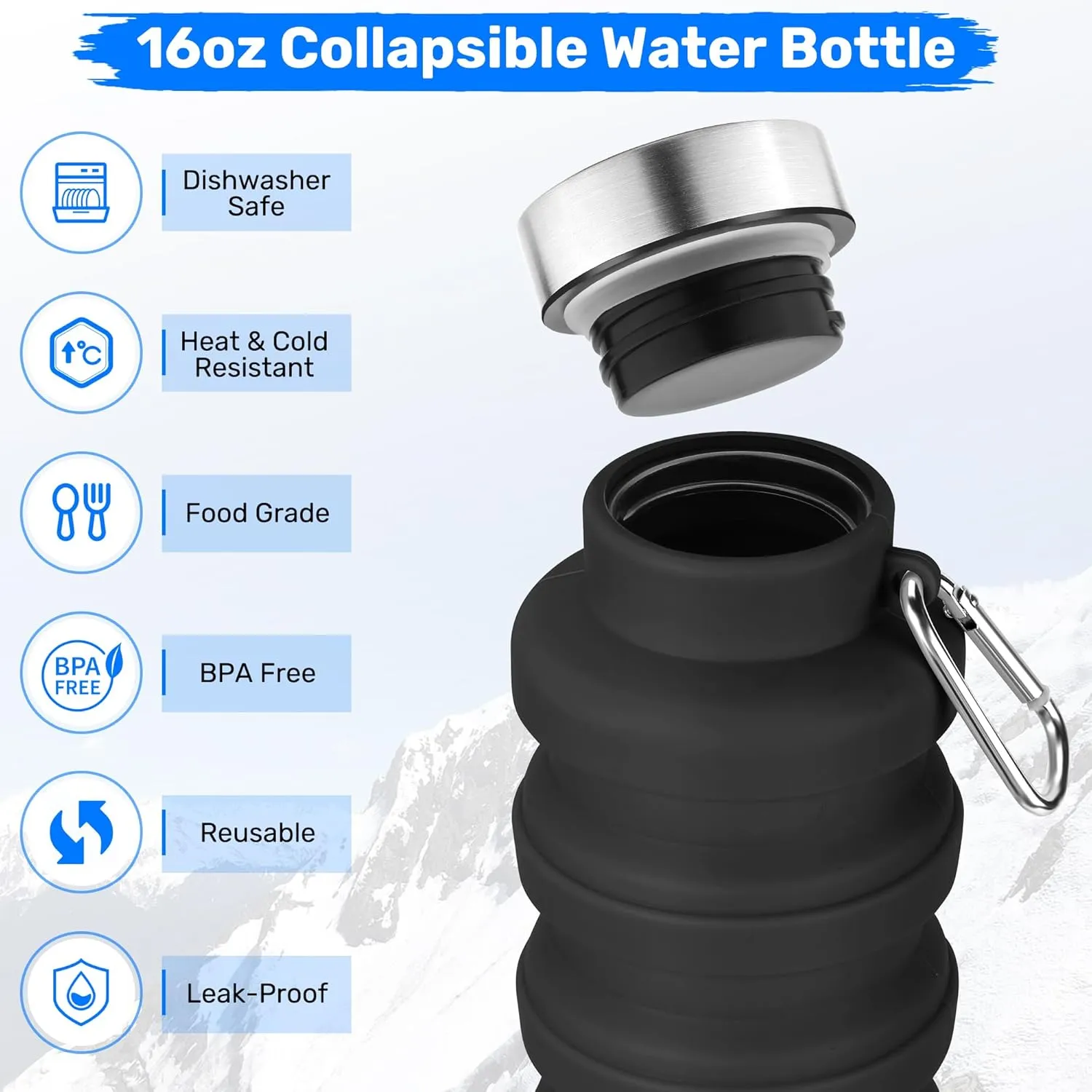 Collapsible Water Bottle, 16oz Portable Reusable Silicone Water Bottle, BPA-Free Leak-Proof Foldable Design with Carabiner, Lightweight Durable for Gym, Camping, Hiking, Sportsr-Tie-dye Purple