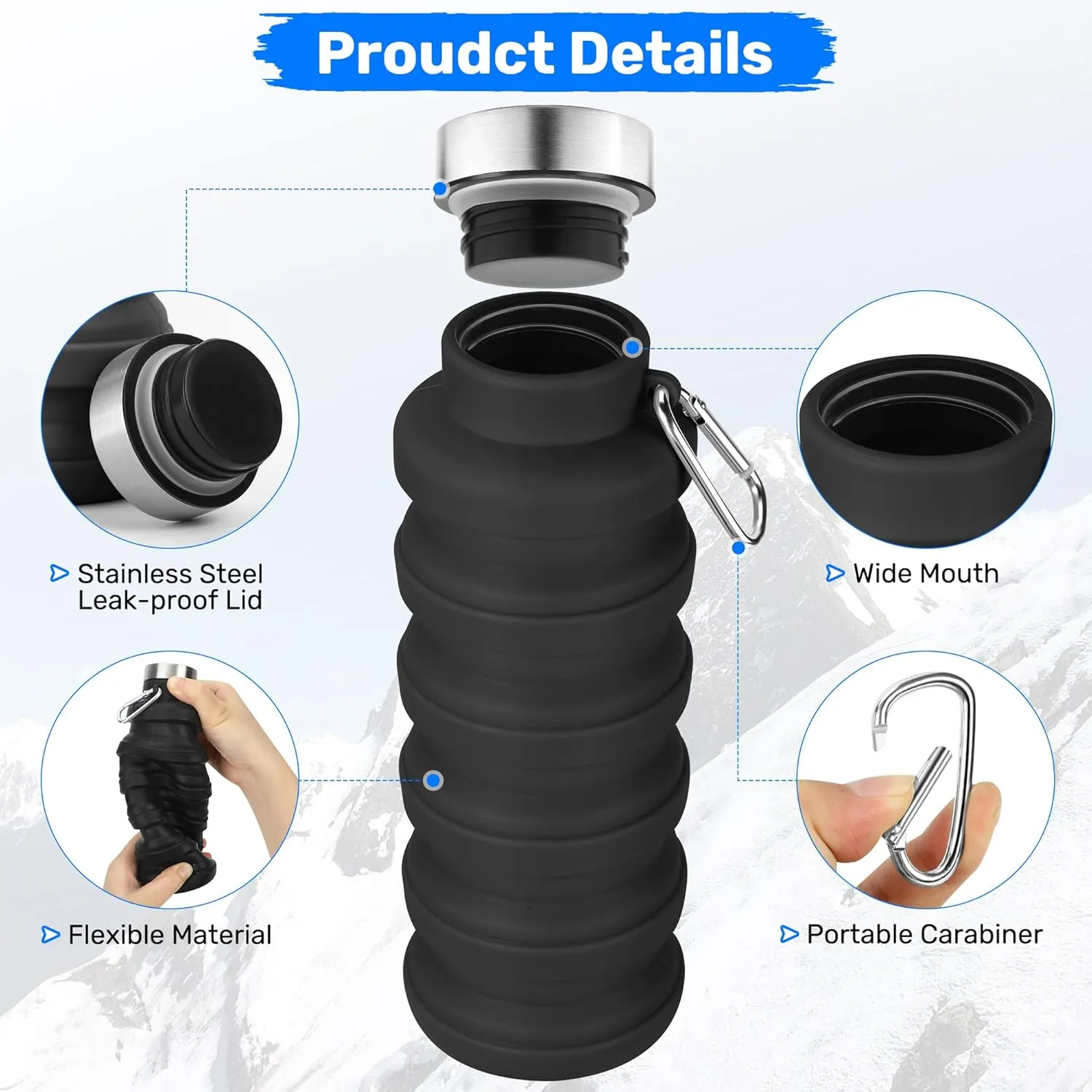 Collapsible Water Bottle, 16oz Portable Reusable Silicone Water Bottle, BPA-Free Leak-Proof Foldable Design with Carabiner, Lightweight Durable for Gym, Camping, Hiking, Sportsr-Tie-dye Purple