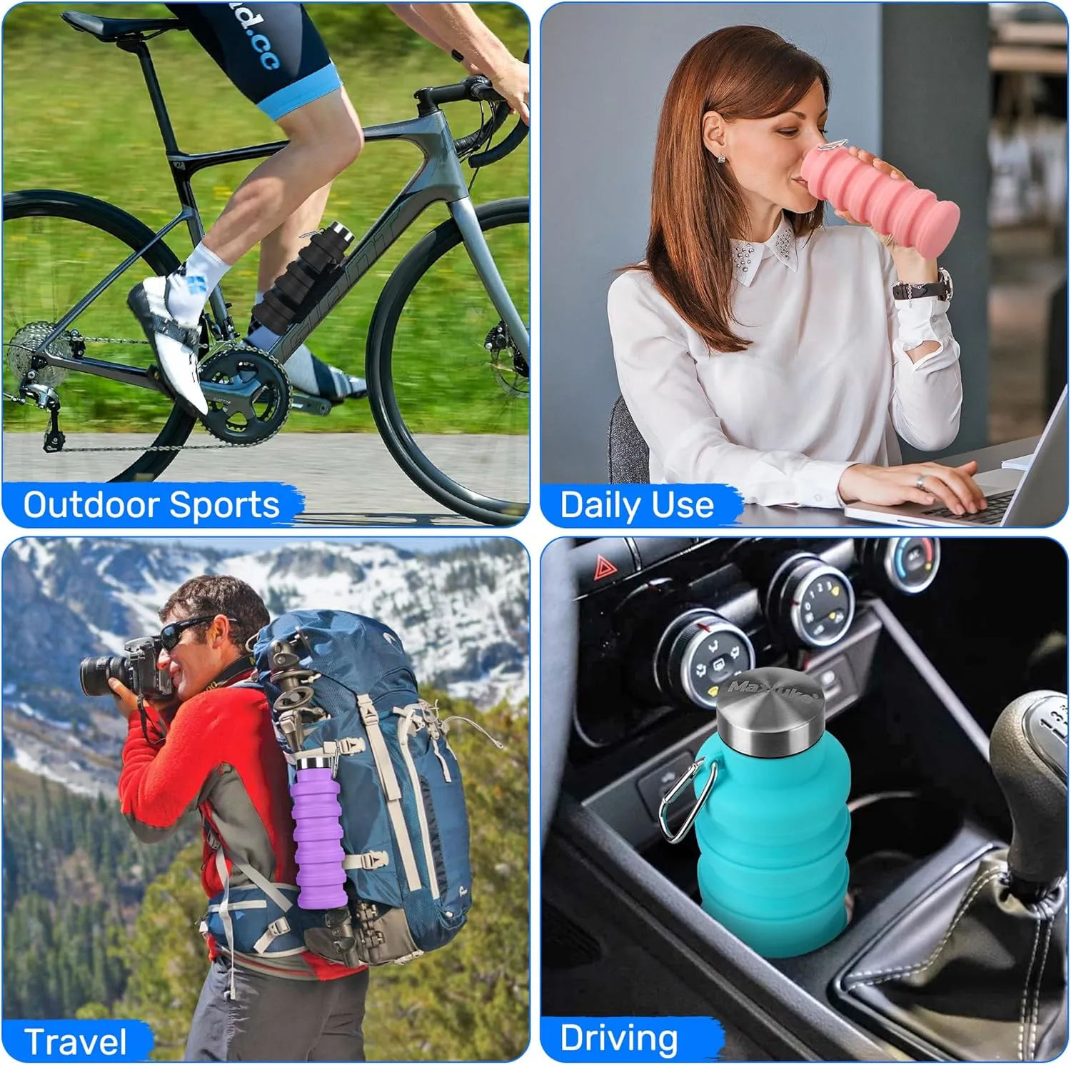 Collapsible Water Bottle, 16oz Portable Reusable Silicone Water Bottle, BPA-Free Leak-Proof Foldable Design with Carabiner, Lightweight Durable for Gym, Camping, Hiking, Sportsr-Tie-dye Purple