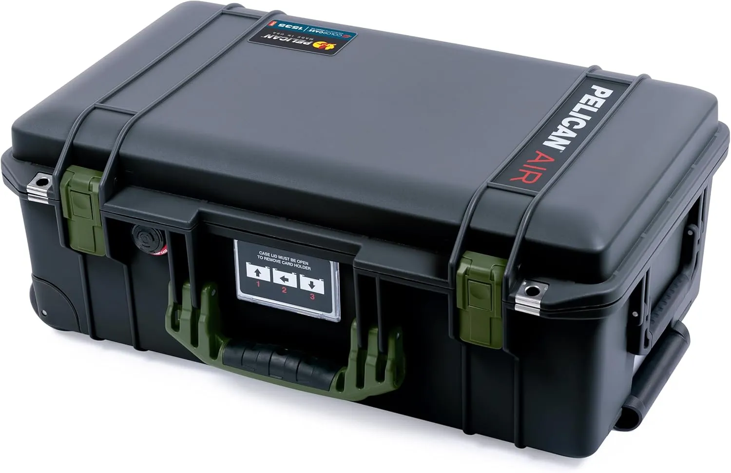 ColorCase Pelican Air 1535 Carry-on Case Black - Medium Size Waterproof Case with Gray Padded Microfiber Dividers & Laptop Computer Lid Pouch - OD Green Handles & Latches