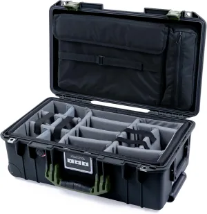 ColorCase Pelican Air 1535 Carry-on Case Black - Medium Size Waterproof Case with Gray Padded Microfiber Dividers & Laptop Computer Lid Pouch - OD Green Handles & Latches