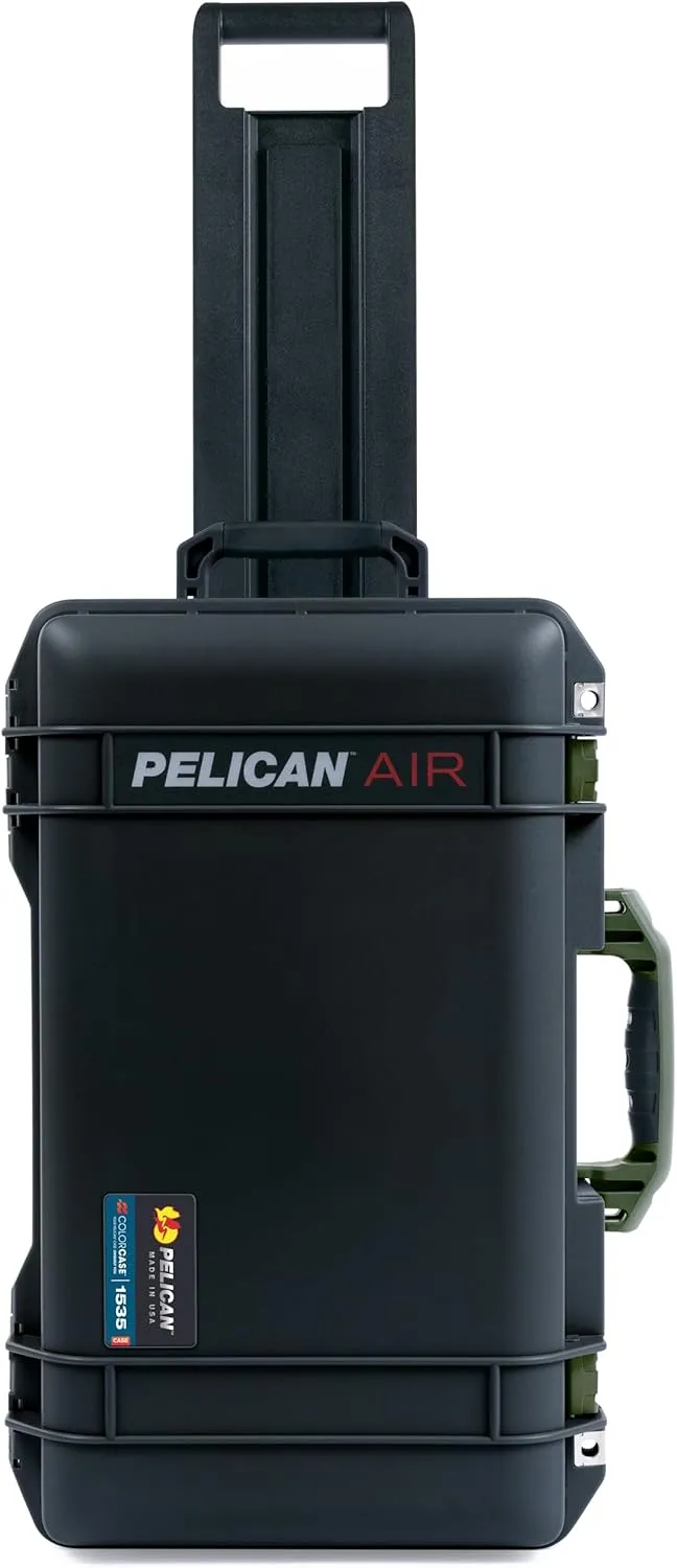 ColorCase Pelican Air 1535 Carry-on Case Black - Medium Size Waterproof Case with Gray Padded Microfiber Dividers & Laptop Computer Lid Pouch - OD Green Handles & Latches