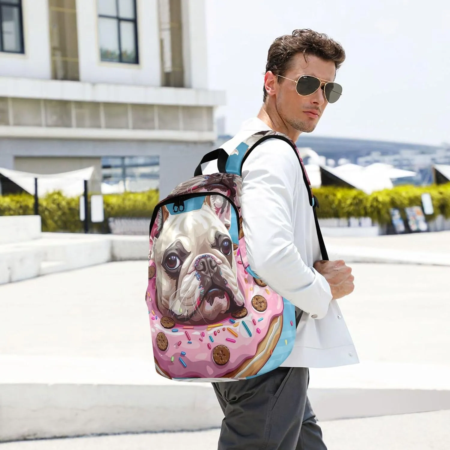 Colorful Casual Daypack Backpacks for Woman Cartoon French Bulldog Donut Bookpack Cool Bookbag for Teen Girls
