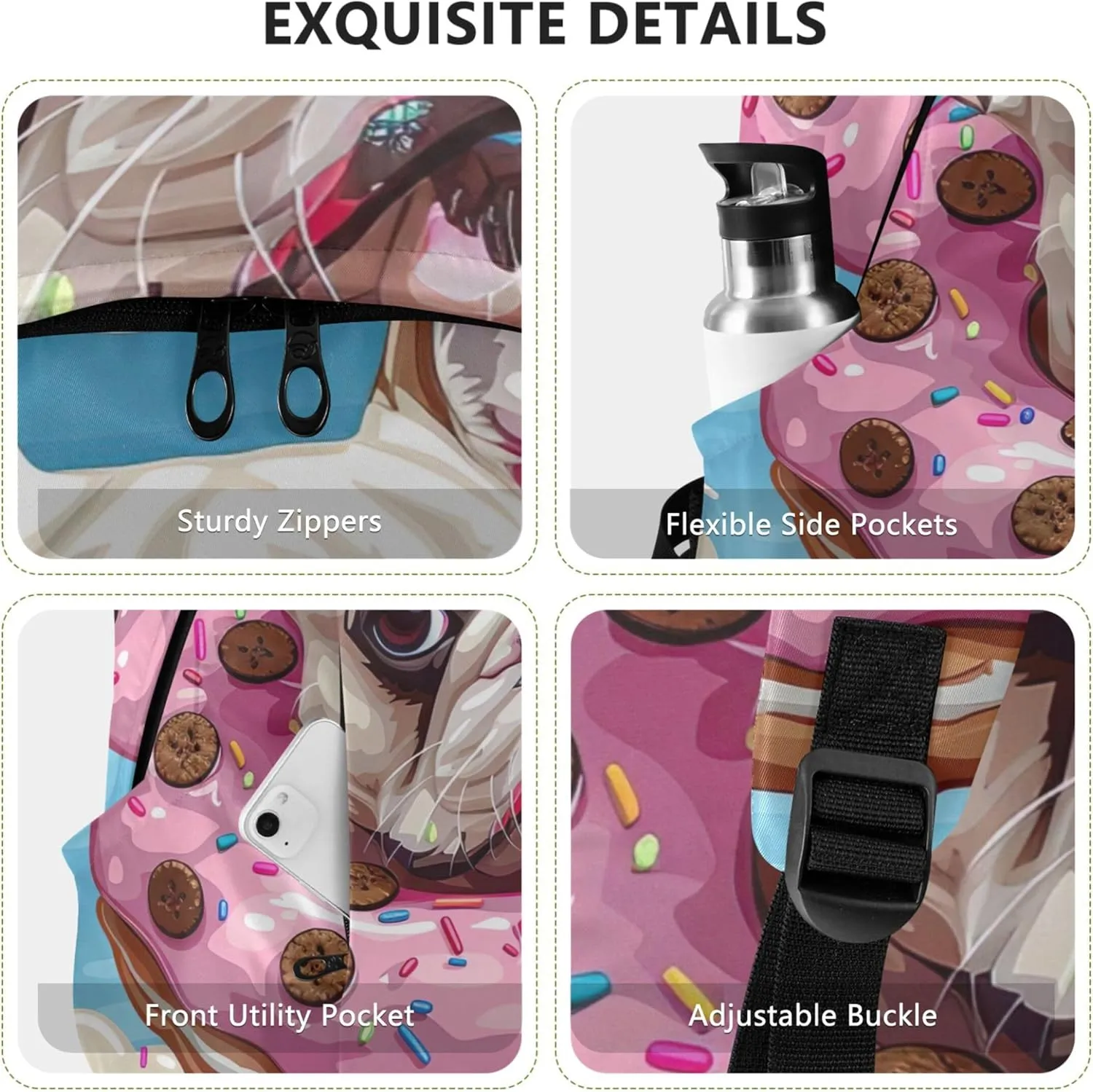 Colorful Casual Daypack Backpacks for Woman Cartoon French Bulldog Donut Bookpack Cool Bookbag for Teen Girls