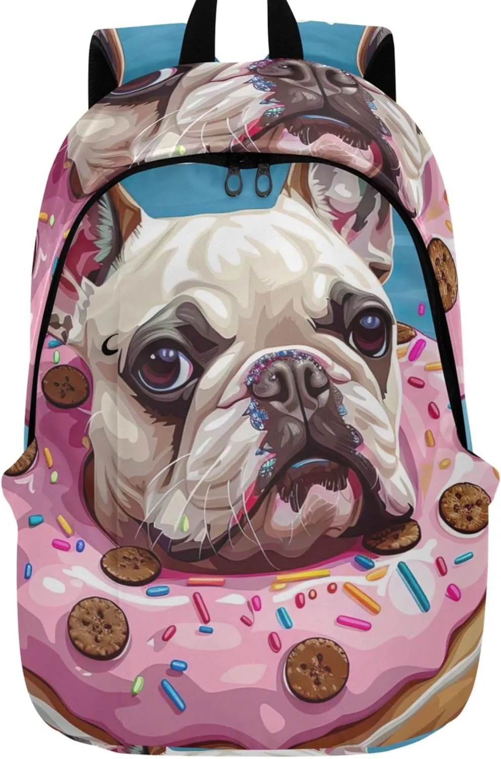 Colorful Casual Daypack Backpacks for Woman Cartoon French Bulldog Donut Bookpack Cool Bookbag for Teen Girls