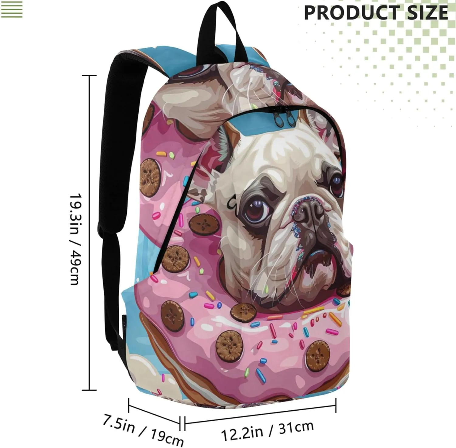 Colorful Casual Daypack Backpacks for Woman Cartoon French Bulldog Donut Bookpack Cool Bookbag for Teen Girls