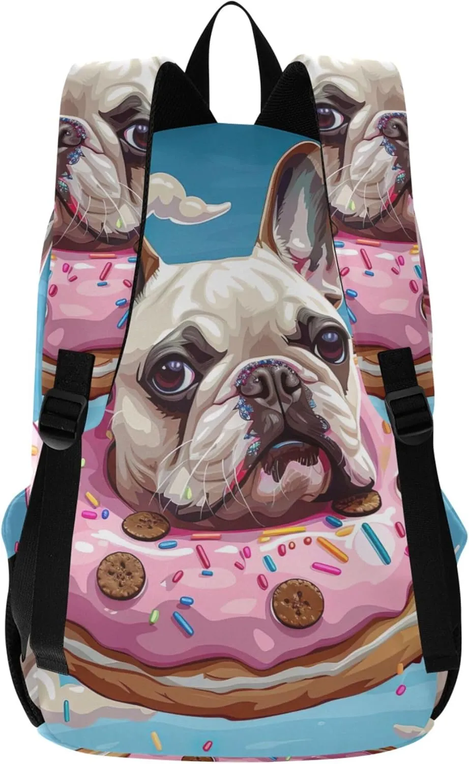 Colorful Casual Daypack Backpacks for Woman Cartoon French Bulldog Donut Bookpack Cool Bookbag for Teen Girls