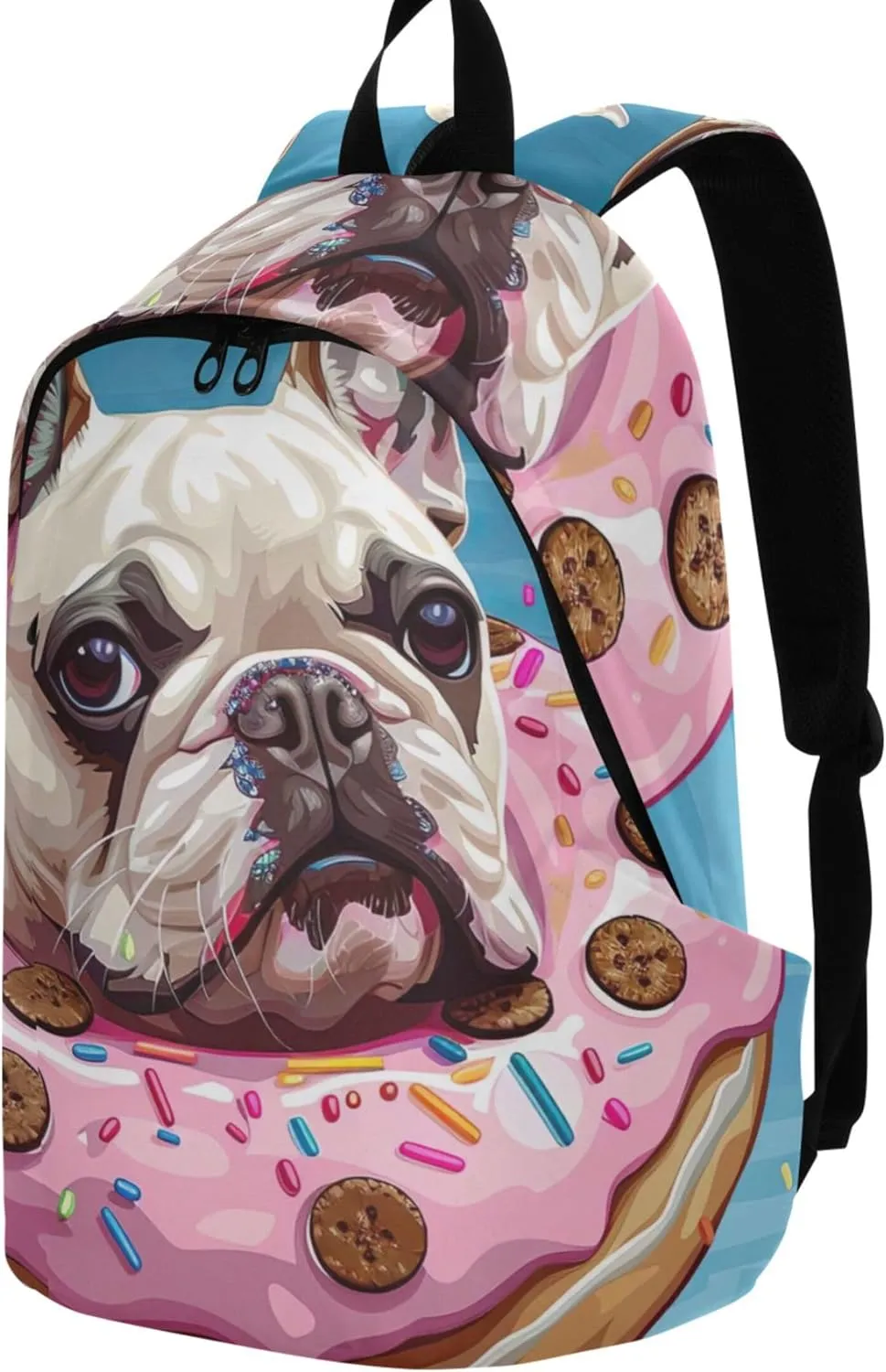 Colorful Casual Daypack Backpacks for Woman Cartoon French Bulldog Donut Bookpack Cool Bookbag for Teen Girls