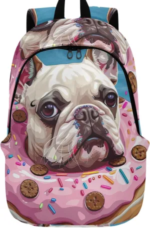 Colorful Casual Daypack Backpacks for Woman Cartoon French Bulldog Donut Bookpack Cool Bookbag for Teen Girls