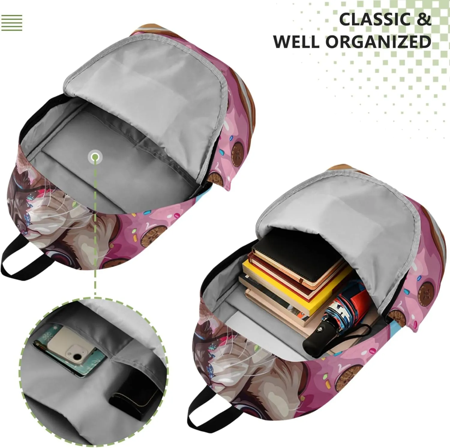 Colorful Casual Daypack Backpacks for Woman Cartoon French Bulldog Donut Bookpack Cool Bookbag for Teen Girls