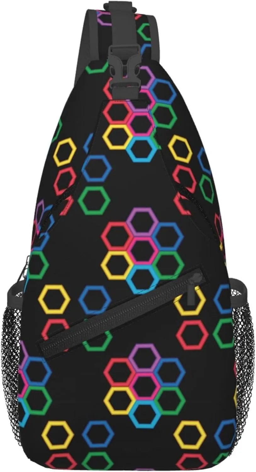 Colorful Hexagonal Pattern Sling Backpack Crossbody Bag, Chest Bag Daypack for Outdoors Hiking Traveling