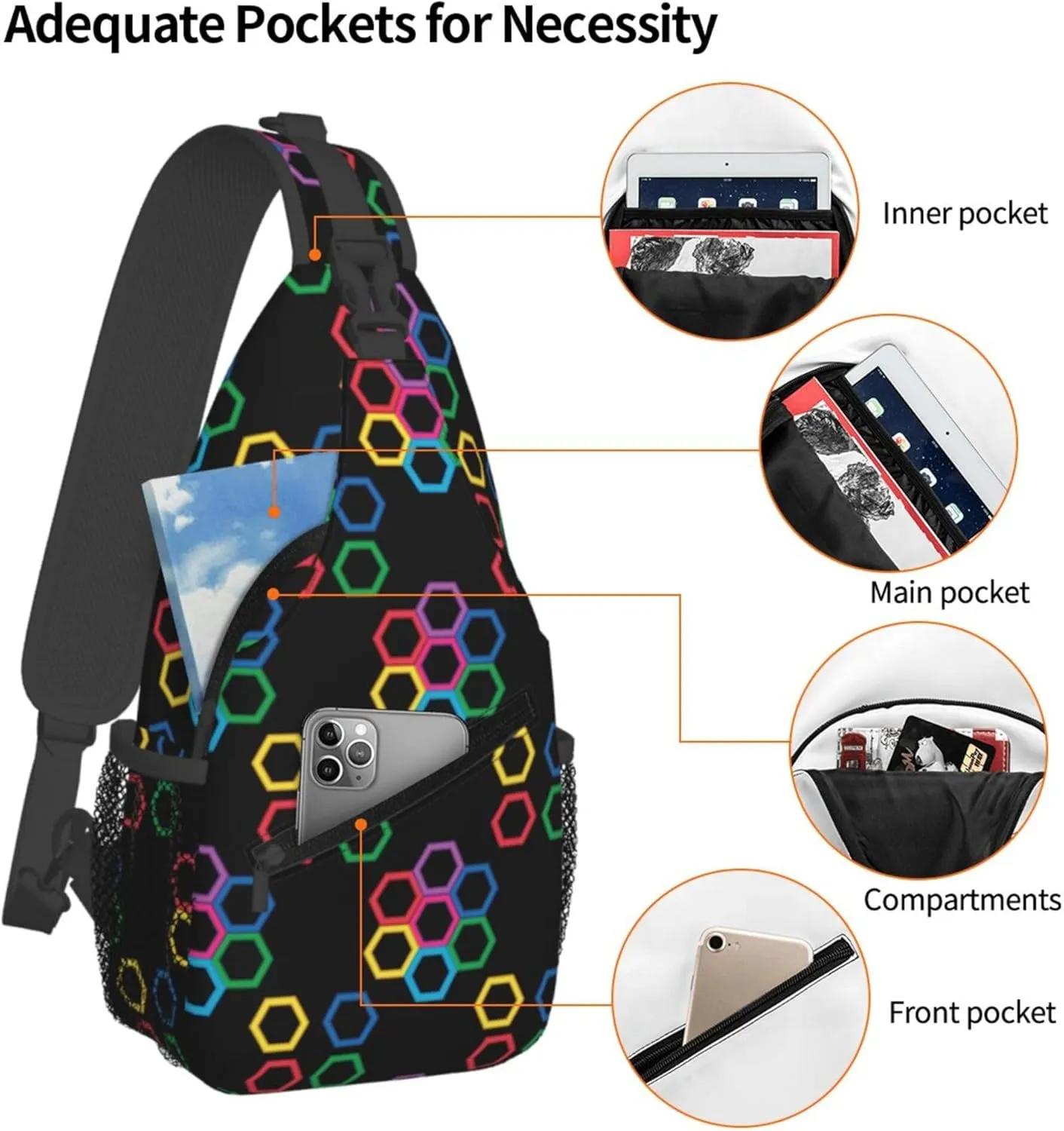Colorful Hexagonal Pattern Sling Backpack Crossbody Bag, Chest Bag Daypack for Outdoors Hiking Traveling