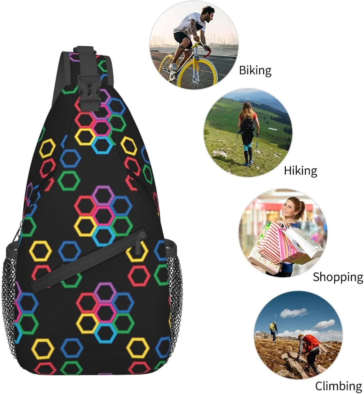 Colorful Hexagonal Pattern Sling Backpack Crossbody Bag, Chest Bag Daypack for Outdoors Hiking Traveling