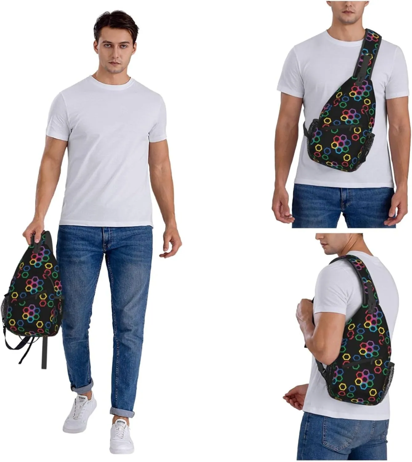 Colorful Hexagonal Pattern Sling Backpack Crossbody Bag, Chest Bag Daypack for Outdoors Hiking Traveling