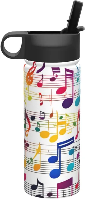 Colorful Music Notes Print Flask Stainless Steel Water Bottle with Straw 18OZ FOR Outdoor Gym Commute