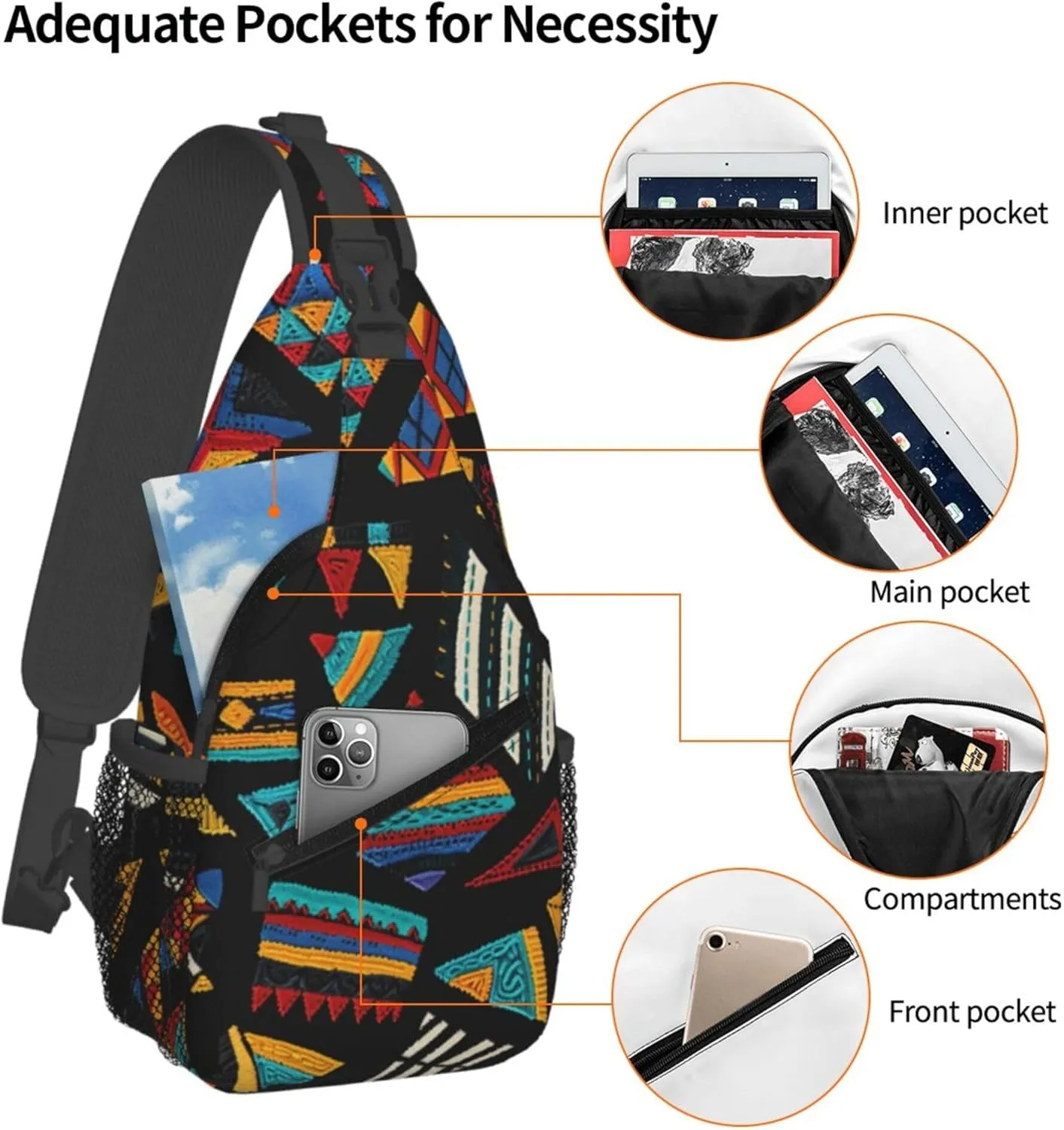 Colorful Triangles Pattern Sling Backpack Crossbody Bag, Chest Bag Daypack for Outdoors Hiking Traveling
