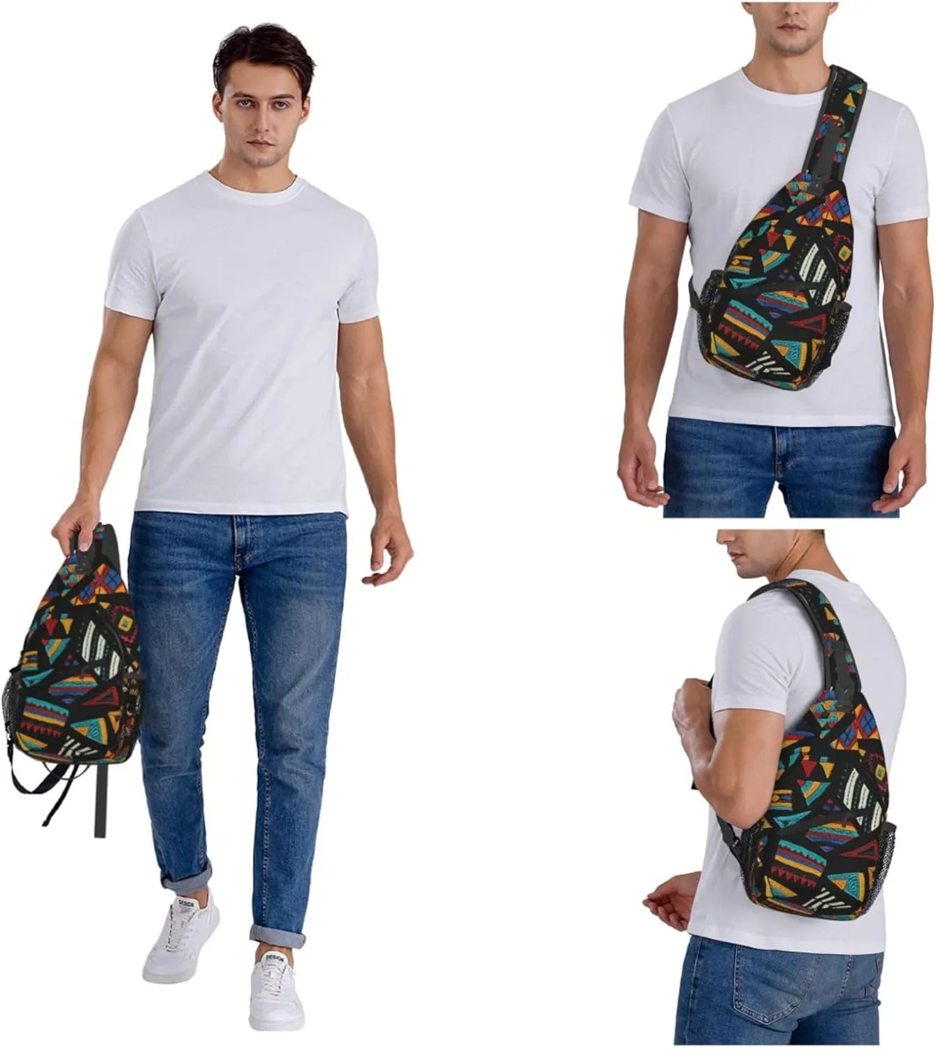 Colorful Triangles Pattern Sling Backpack Crossbody Bag, Chest Bag Daypack for Outdoors Hiking Traveling