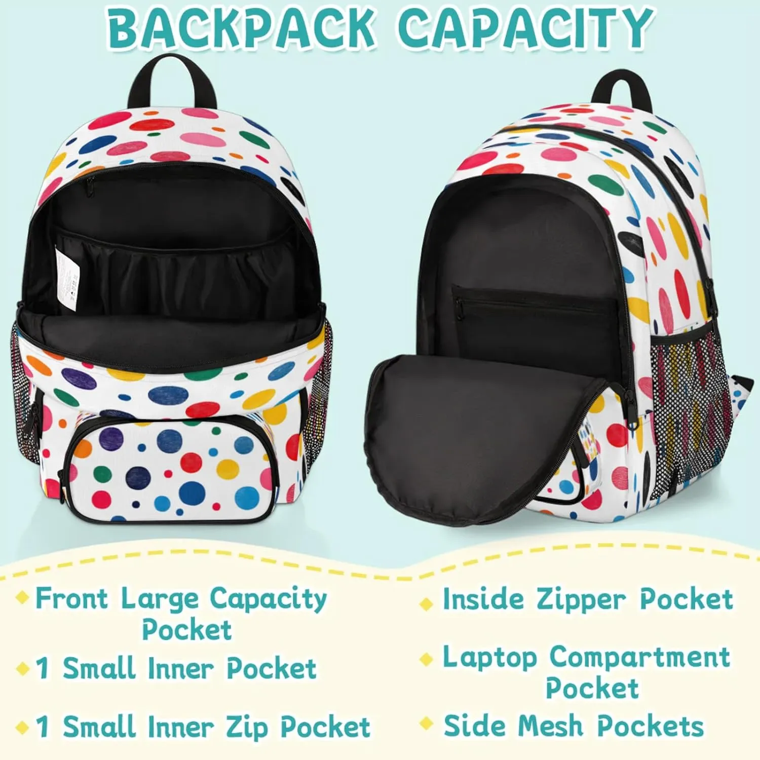 Colourful Polka Dots Travel Laptop Backpacks for Women Men, Cute Polka Dot 16.7" Waterproof Back Pack Casual Daypack for Travel