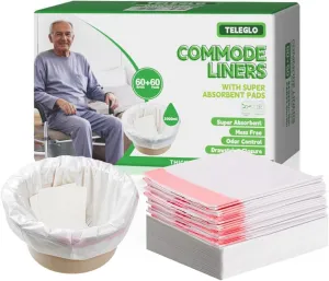 Commode Liners with Absorbent Pads-60PCS Disposable Portable Toilet Bags for Bedside Commode, Bucket, or Bedpan (60 Bags & 60 Pads)