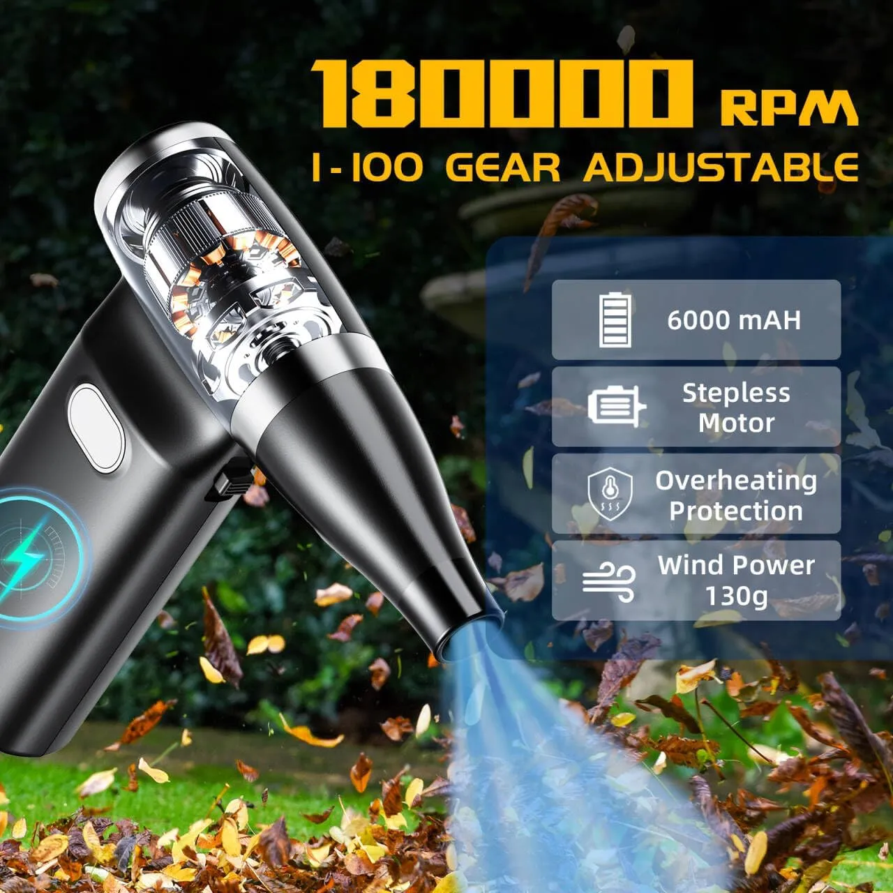Compressed Air Duster - 100 Gear Adjustable 180000RPM Electric Mini Cordless Blower, Portable Handheld Turbo Fan for Cleaning PC & Keyboard, Jet Dry Blower, Replaces Compressed Air Cans