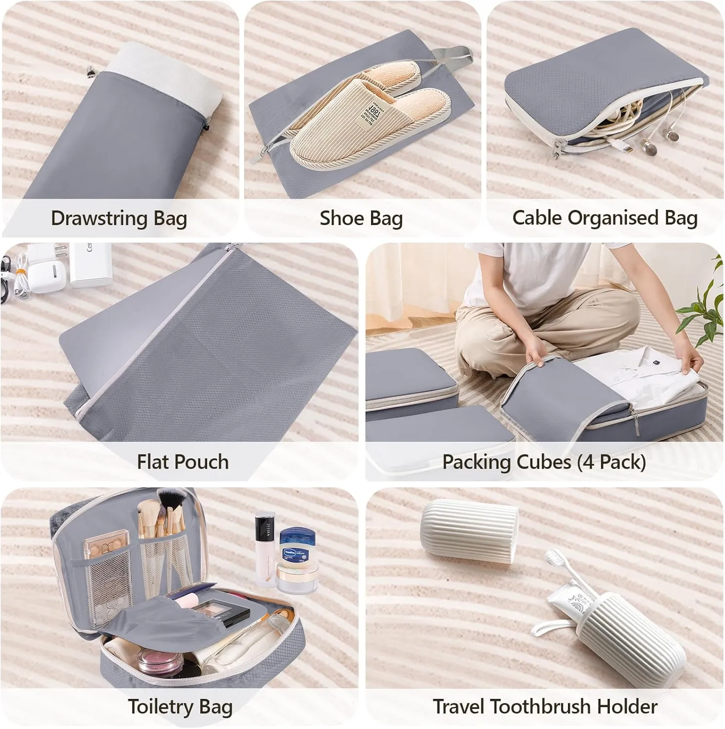 Compression Packing Cubes, 10 Set Travel Packing Cubes for Carry on Suitcases, Expandable/Compression Bags for Clothes,Ultralight Packing Cubes (1-grey)