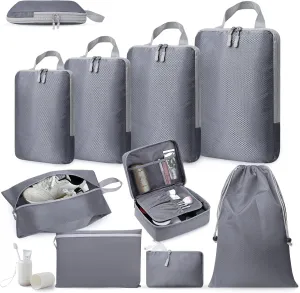 Compression Packing Cubes, 10 Set Travel Packing Cubes for Carry on Suitcases, Expandable/Compression Bags for Clothes,Ultralight Packing Cubes (1-grey)