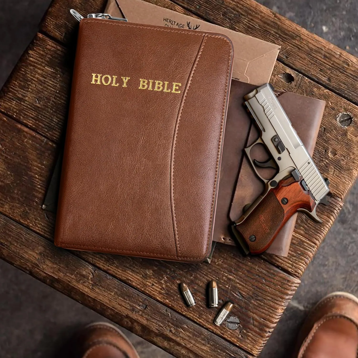 Concealed Carry Gun Pouch, Holy Bible Leather Soft Pistol Case, Lockable Zipper, Handgun Case for 9mm& Glock Guns Storage or Transport
