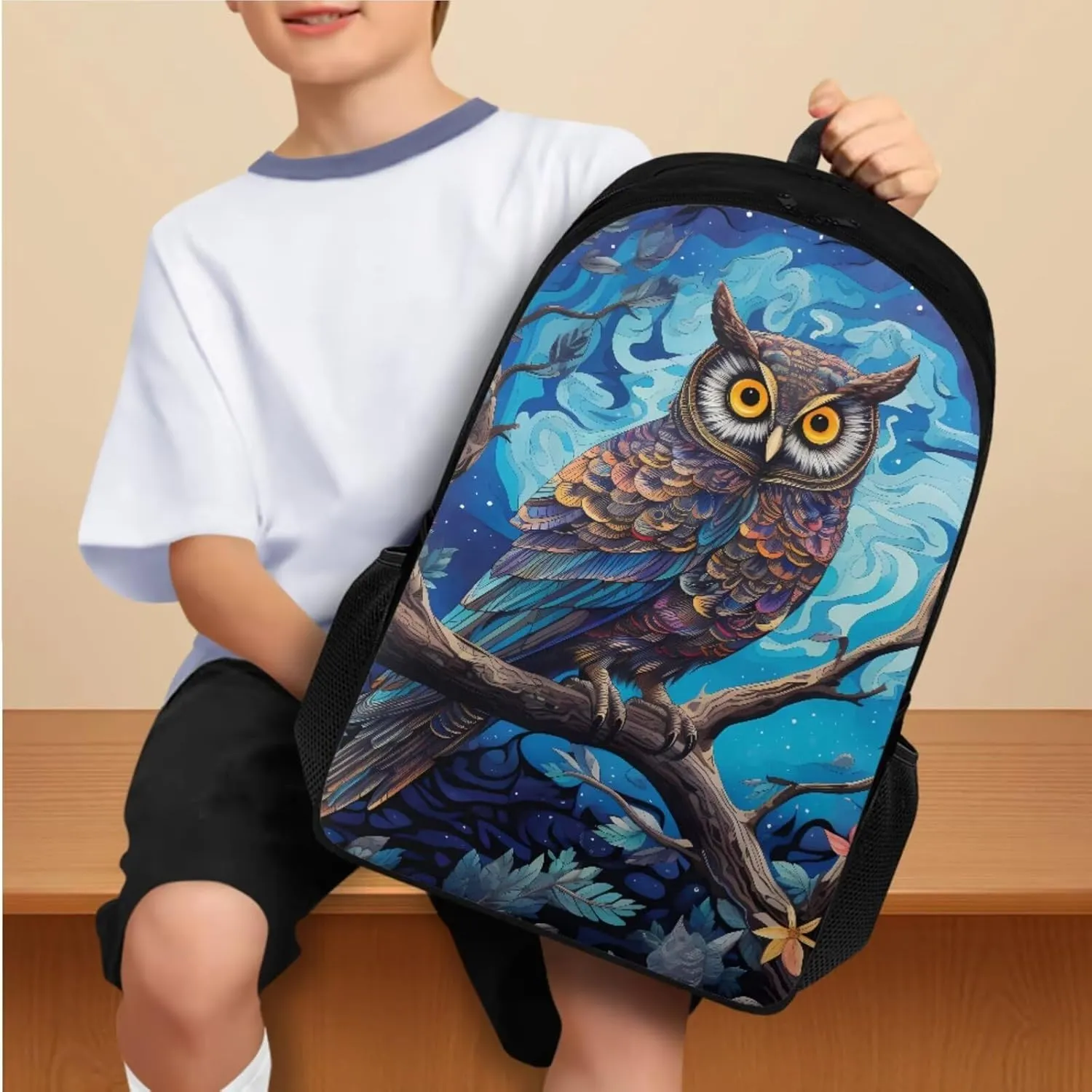Cool Owl Backpack with Lunch Box Kds Boys Back to School, 4th Grade Backpack for Boys Lunch Box 4 PCS Set Multifunctional Pencil Case and Water Bottle Holder for Kids Back to School
