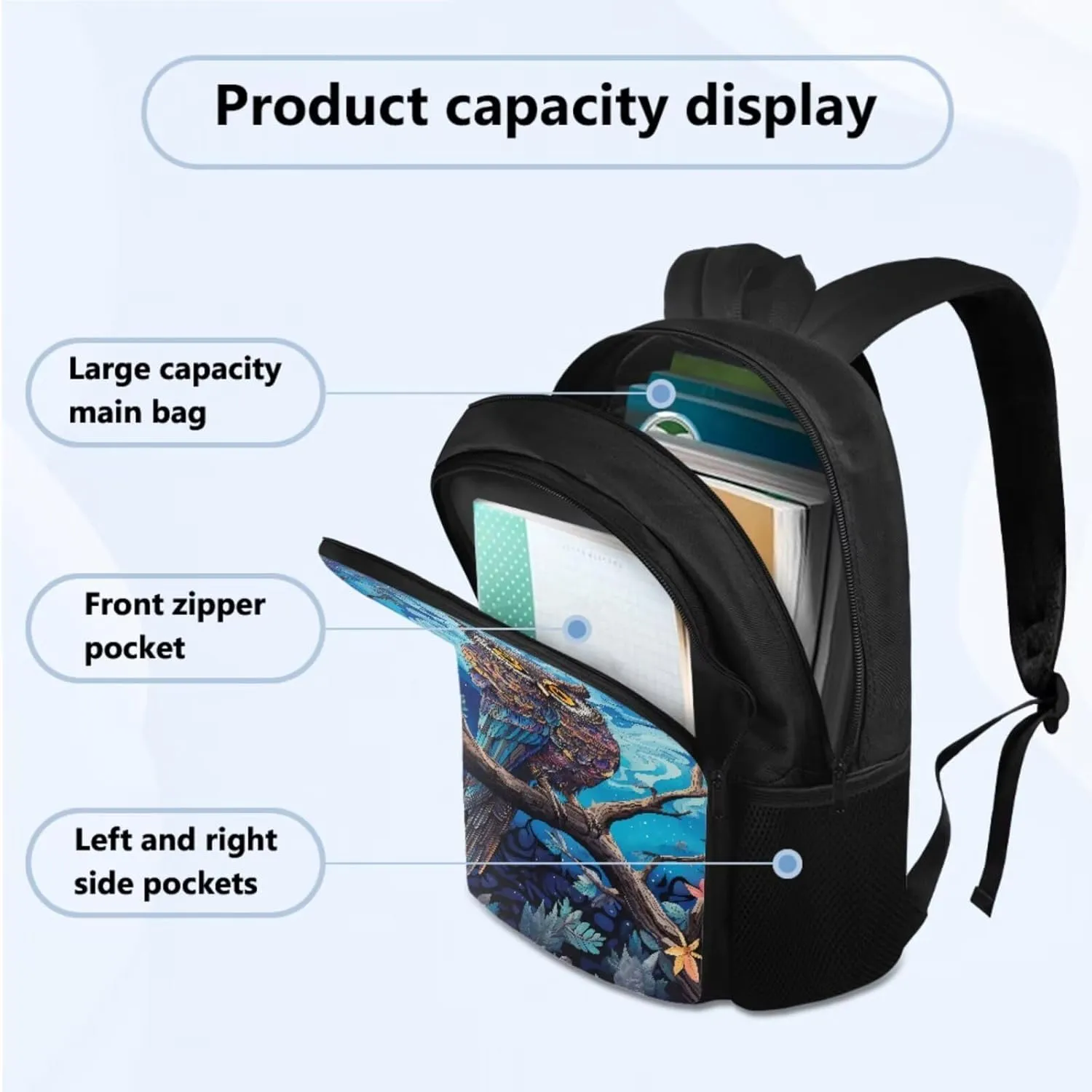 Cool Owl Backpack with Lunch Box Kds Boys Back to School, 4th Grade Backpack for Boys Lunch Box 4 PCS Set Multifunctional Pencil Case and Water Bottle Holder for Kids Back to School