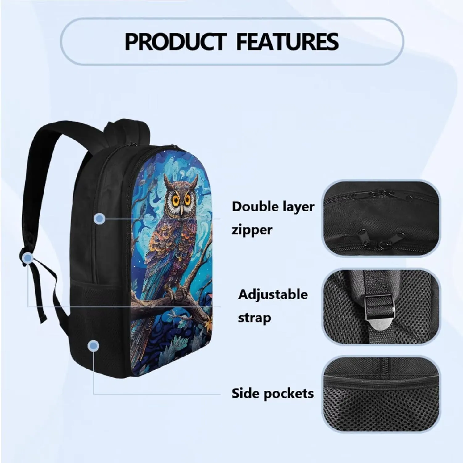 Cool Owl Backpack with Lunch Box Kds Boys Back to School, 4th Grade Backpack for Boys Lunch Box 4 PCS Set Multifunctional Pencil Case and Water Bottle Holder for Kids Back to School